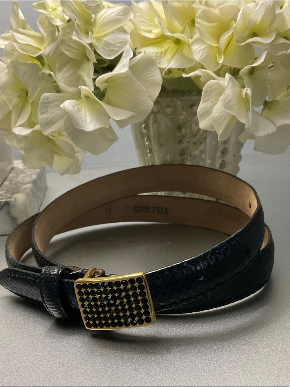 Carlisle Black Snake Skin Leather Belt with Crystal-Trim Buckle